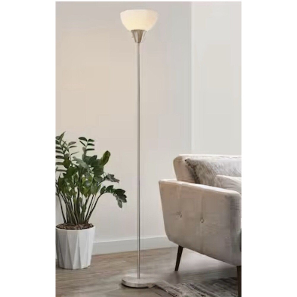 Hampton Bay 70in. Brushed Nickel 1-Light Torchiere Floor Lamp with Plastic Shade